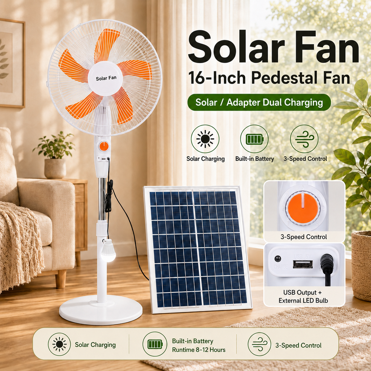CS-168L 16-Inch Solar Pedestal Fan