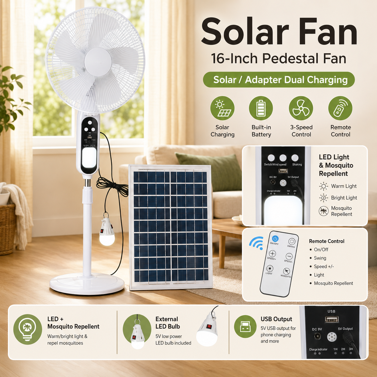 CS-266 16-Inch Mosquito Repellent Solar Pedestal Fan